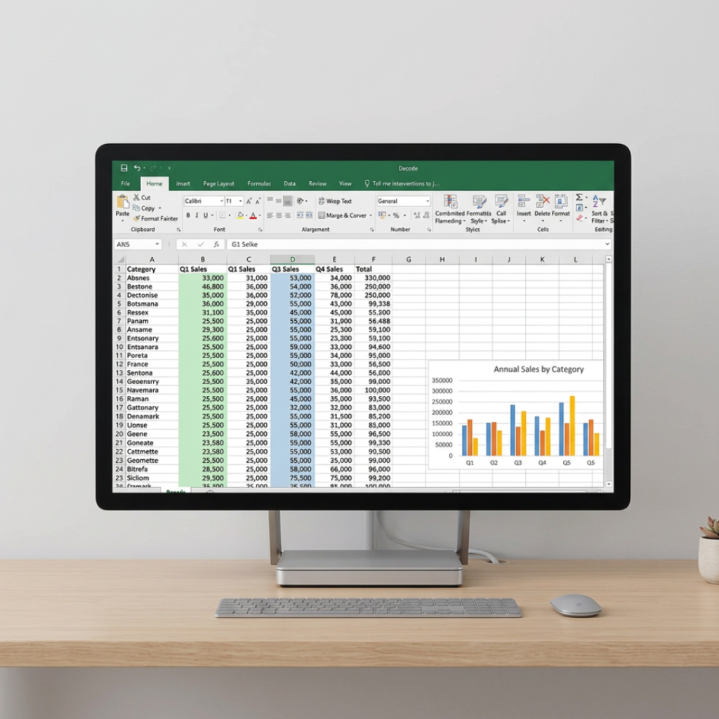 desktop computer with a spreadsheet on the monitor