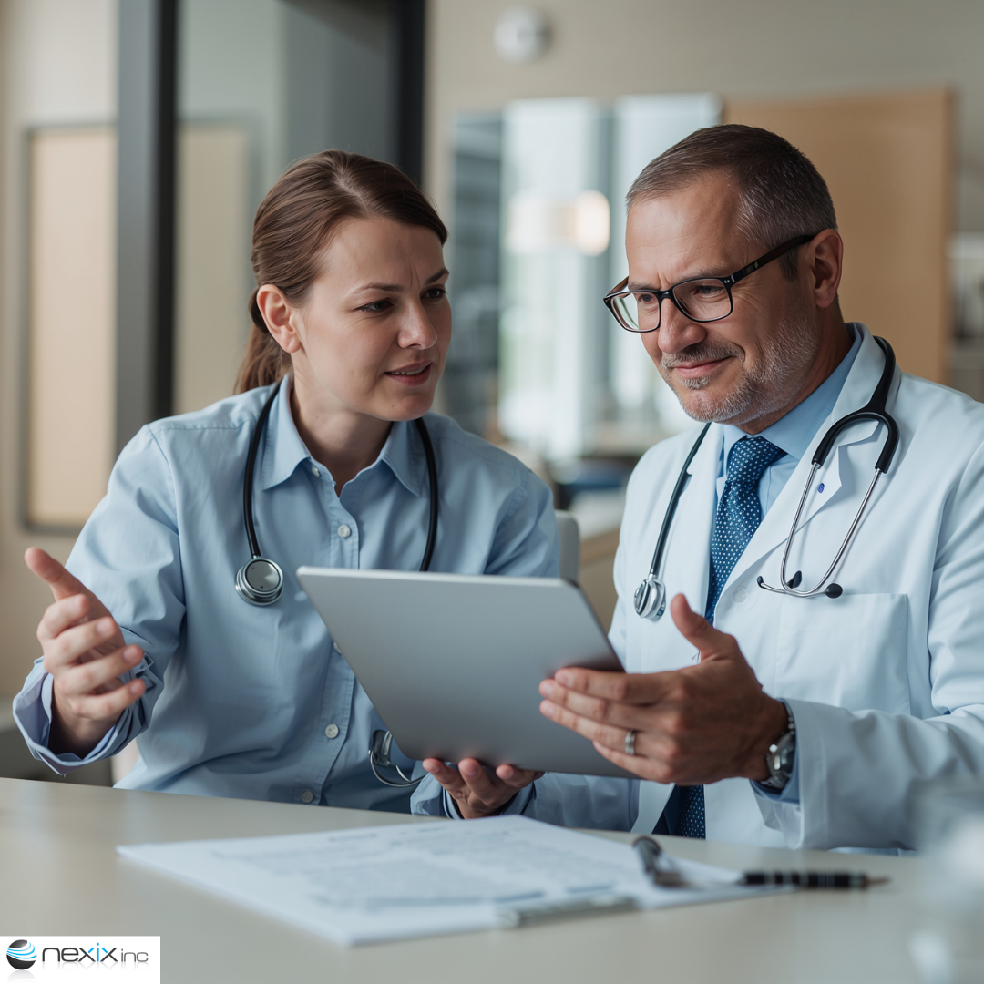 Two doctors looking at a tableat seating at a table