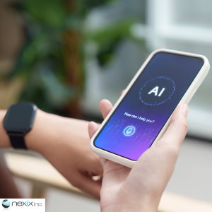 View of two hands using AI on a mobile device