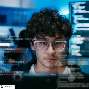 Man coding on a computer with code around him 