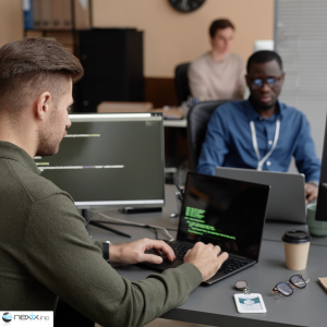 Two men at a table writing code