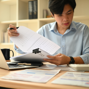 Man reading paper documents for accounting