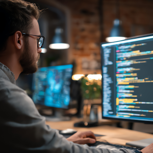 Man coding on a computer in a dark office